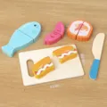 Wooden kitchen pretend play cutting food toy set with cutting board for kids learning. - Fish Sausage