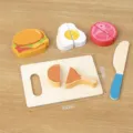 Wooden kitchen pretend play toy set with cutting board, knife, and simulation food models. - Chicken Drumstick Burger