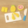 Wooden pretend play food cutting toy set with cutting board, knife and colorful fruits. - Pear Cheese