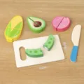 Wooden pretend play kitchen cutting food toy set with board and knife for kids learning. - Corn Avocado