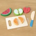 Wooden pretend play fruit cutting toy set with board and knife for kids learning and fun. - Watermelon Strawberry
