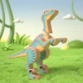 Wooden magnetic 3D dinosaur DIY building block toy, cyan and wood finish for kids creative play. - Light Blue