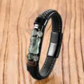 Detail view of mens vintage braided leather bracelet featuring green stone beads and steel clasp. - Fluorite