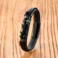 Men's vintage braided leather bracelet featuring stone beads and stainless steel magnetic clasp. - 19cm / Indian Agate