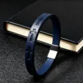 Men's blue leather cross bracelet with stainless steel magnetic clasp fashion jewelry - Blue Leather Cross Embossed Style (SL-695-8) / 19cm
