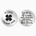 Stainless steel pocket hug token detail showing engraved friendship quote and clover. - Pocket Hug Clover / OPP Bag Packaging