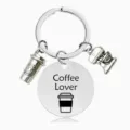 Kaffeeliebhaber Edelstahl Schlüsselanhänger mit Tasse und Maschine Charms, tolles Geschenk. - 3cm / Silber