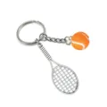 Metal tennis racket keychain with fuzzy mini tennis ball, creative sports souvenir pendant. - Tennis Orange