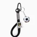 Black braided lanyard keychain with soccer ball pendant, durable metal carabiner for keys. - Black