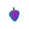 Rainbow stainless steel guitar pick pendant detail shot, polished metal music accessory. - Iridescent