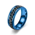 Bague anti stress en acier inoxydable bleu et noir pour homme et femme avec design de chaîne cool. - Base Bleue Chaîne Noire