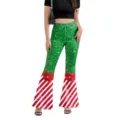 Christmas themed green glitter and striped flare pants for women high waist trousers - S / Bottoms / Green Glitter Red and White Striped Patchwork (XG086-1095)