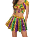 Mardi Gras Karneval Maske Druck Crop Top und Plisseerock Zweiteiliges Party Kostüm Set - S / Oberteil Und Unterteil / GA420-1013 Stil