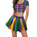 Mardi Gras Karneval bedrucktes Crop Top Plissee Rock Zweiteiler Party Kostüm Outfit. - S / Oberteil Und Unterteil / GA420-1016 Stil