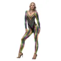 Women Mardi Gras Carnival Jumpsuit Green Purple Gold Sequin Print Bodysuit Costume - S / Purple Green Gold Sequin Rhinestone Style (B142-608)