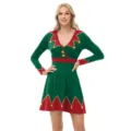 Weihnachtselfen Kostüm Kleid für Damen, langärmliges V-Ausschnitt rot-grünes Partykleid. - S / Kleider / Rot Grün Kontrast Mit Glocken (1002)