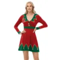 Weihnachts-Elfen-Kostüm für Damen V-Ausschnitt Langarm rot grün Partykleid Hauptbild - S / Kleider / Rot Grün Kontrast (1001)