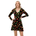 Damen Weihnachten Langarm V-Ausschnitt Kleid festliche Party Feiertag Kostüm schwarz Kleid - S / Kleider / Schwarz Glühbirne Schneeflocke Druck (1003)