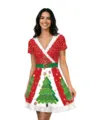 Christmas short sleeve V-neck dress, festive print waist slimming party dress variant. - Dresses / Red Floral / S