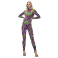 Mardi Gras festival women jumpsuit purple green gold rhinestone print tight performance costume - S / Purple Green Gold Diamond Style (B142-607)