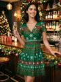 Christmas party V-neck short sleeve A-line dress featuring festive snowflake print for women. - S / Dresses