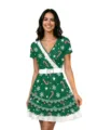 Christmas V-neck short sleeve green dress with candy cane snowflake print and white belt SKU - Dresses / Green Floral / S