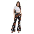 Halloween pumpkin print flare pants, women's high waist stretch slim casual trousers. - S / Bottoms / Funny Pumpkin Ghost Print (B286-053)
