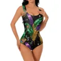Maillot de Bain Une Piece Sans Manches Imprime Plume Paon Carnaval Sexy Body - S / Robes / Plume Violet Vert Or (Style 1014)