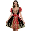 Retro Renaissance Karneval Kleid mit goldenem Barockdruck und roten Puffärmeln tailliert. - S / Kleider / Schwarz-Rot Kontrast (GA425-1004)