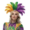 Mardi Gras veren hoofdtooi en kostuum in paars, groen en goud voor feestelijke evenementen. - Eén maat / Stijl - Driekleurig Verenhoofdstuk (PD-1201)
