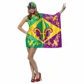 Abito da costume per festa di carnevale Mardi Gras con stampa digitale e maschera di piume. - Taglia unica / Top (B340-1066)