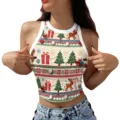 Christmas Crop Top Women Sleeveless Holiday Snowflake Tree Print Party Vest Casual Summer Top - Tops / Style 1 (GA123-1203) / S