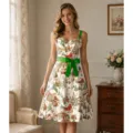 Robe midi vintage à bretelles de Noël avec imprimé village enneigé et ceinture nœud vert. - S / Robes / Blanc Flocon Village (GA451-1007)