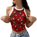 Christmas plaid cropped tank top with holiday lights print, casual sleeveless slim fit top. - Style 5 (GA123-1209)