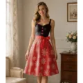 Robe midi vintage de Noël à bretelles, imprimé flocon de neige noir rouge nœud taille. - S / Robes / Rouge Noir Flocon Patchwork (GA451-1003)