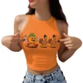 Canotta Crop Top Arancione Donna Stampa Zucca Tacchino Ringraziamento Senza Maniche - Taglia S / Top-Stampa Zucca Tacchino (BT26C0001)
