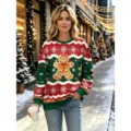 Christmas gingerbread man knitted sweater for women, festive winter crewneck pullover top. - S / Tops / Gingerbread Man Print