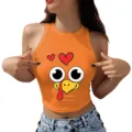 Women Thanksgiving turkey print crop top casual orange sleeveless halter racerback vest - S / Tops / Orange Style 8