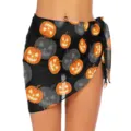 Halloween pumpkin print black sarong swim cover up, women sexy beach wrap skirt for holiday. - M / Bottoms / Pumpkin Mesh Skirt (B481-1005)