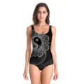 Women's black one-piece swimsuit with white mandala print, sexy slim beach vacation swimwear. - Black and White Mandala Taiji Print (B126-370)