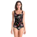 Sexy one-piece swimsuit with colorful cat print, slim fit beachwear for hot spring vacation. - Day of the Dead Skeleton Cat Print (B126-372)