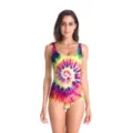 Vibrant tie-dye one-piece swimsuit for women, featuring a colorful spiral pattern and slim fit. - Tie-dye Multicolor Print (B126-397)