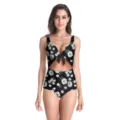 Floral cut-out one-piece swimsuit for women, black daisy print beachwear vacation swimwear. - Black with White Daisy Print (B126-423)