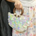 Chic iridescent sequin shell handbag with wooden handles, stylish spring summer evening bag. - Iridescent (Single Side)