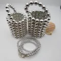 Silver beaded bucket bag handmade pearl shoulder crossbody bag fashion detail view. - L / Silver