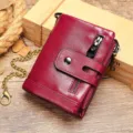Herren Echtleder Kurzgeldbörse rot Bifold Kartenhalter mit Münzfach und Kette. - Rot