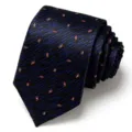 Detailed close-up view of a luxury men's dark blue patterned silk business necktie accessory. - Dark Blue