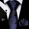 Heren klassiek blauw zwart paisley stropdas set met pochet en manchetknopen voor formeel kostuum. - S1