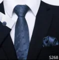 Klassieke donkerblauwe ruitjes jacquard stropdas set met pochet en bijpassende manchetknopen. - Donkerblauwe Jacquard Ruit Stijl (S268)