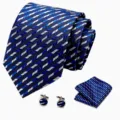 Heren zakelijke blauw gestreepte stropdas set met pochet en manchetknopen voor formele kleding. - Stijl S38